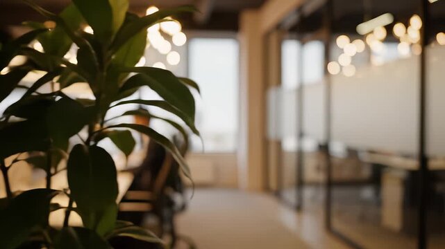 Plant sits serenely in modern office setting with glass wall, surrounded by quiet atmosphere conducive to creative thinking and collaboration, perfect for background footage or commercial use.