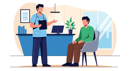 Doctor consulting patient with medical chart icons. Solid vector style, ideal for hospital websites, telehealth apps, health presentations