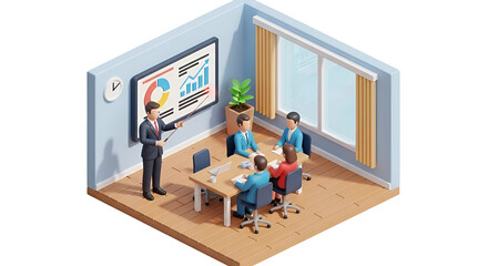 3d icon of isometric view of a business meeting with a presentation in a modern office isolated on transparent background