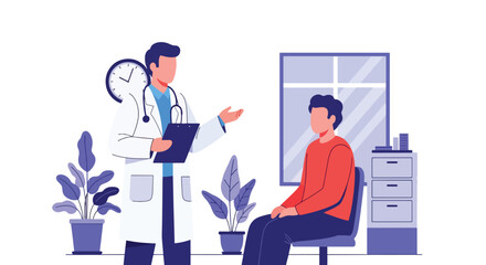 Doctor consulting patient with medical chart icons. Solid vector style, ideal for hospital websites, telehealth apps, health presentations