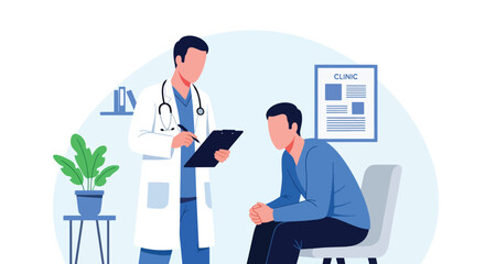 Doctor consulting patient with medical chart icons. Solid vector style, ideal for hospital websites, telehealth apps, health presentations