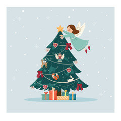Fototapeta premium A festive illustration depicting an elegant Christmas tree and an angel putting a star on top of the tree. Vector illustration, New Year and Christmas holiday concept, postcard, banner, poster