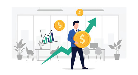 Investor holding coin with arrow showing financial growth. Flat vector, ideal for financial apps, fintech ads, investment presentations