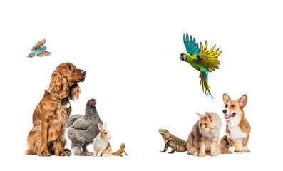 Large group of pets posing and looking in different directions