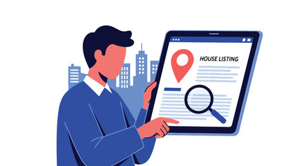 Person reviewing property listing on tablet with location pin. Solid vector, ideal for realtor ads, property search platforms, and housing apps