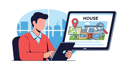 Person reviewing property listing on tablet with location pin. Solid vector, ideal for realtor ads, property search platforms, and housing apps