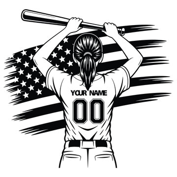 Female softball player holding baseball bat with american flag background illustration