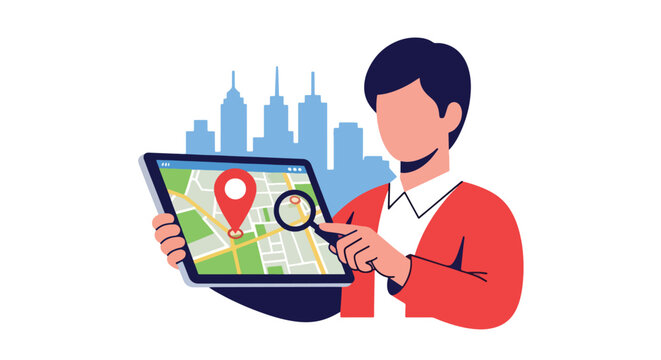 Person reviewing property listing on tablet with location pin. Solid vector, ideal for realtor ads, property search platforms, and housing apps