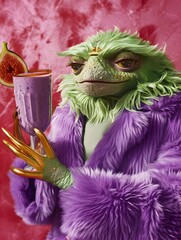 Glamorous Fantasy Creature Holding Fig Smoothie on Pink Background
