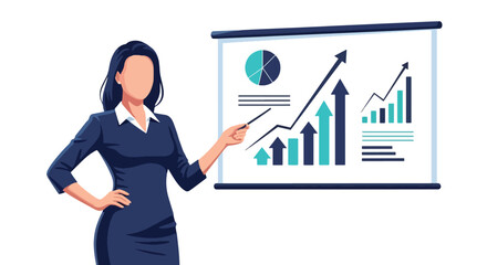 Marketer presenting digital strategy with charts and hashtags. Bold vector design, ideal for marketing campaigns and social media tool promotions