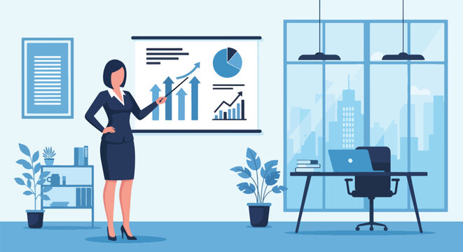 Marketer presenting digital strategy with charts and hashtags. Bold vector design, ideal for marketing campaigns and social media tool promotions