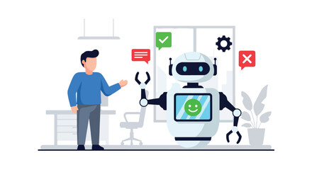 Person interacting with friendly robot and AI elements. Flat vector style, ideal for AI marketing, tech startups, and automation platforms