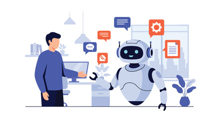 Person interacting with friendly robot and AI elements. Flat vector style, ideal for AI marketing, tech startups, and automation platforms
