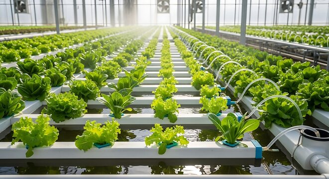 Hydroponic lettuce cultivation in a modern greenhouse with rows of vibrant green plants under natural sunlight, showcasing sustainable agriculture and advanced farming techniques.