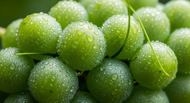 Close-up of fresh green grapes covered in water droplets, showcasing their vibrant color and natural texture after a rain shower or morning dew.