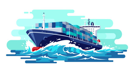 A vector illustration showcases a cargo ship navigating through stylized blue waves, with a clear sky backdrop, symbolizing global trade and maritime transport.