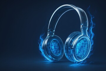 Transparent futuristic headphones glowing with blue digital energy on a dark background