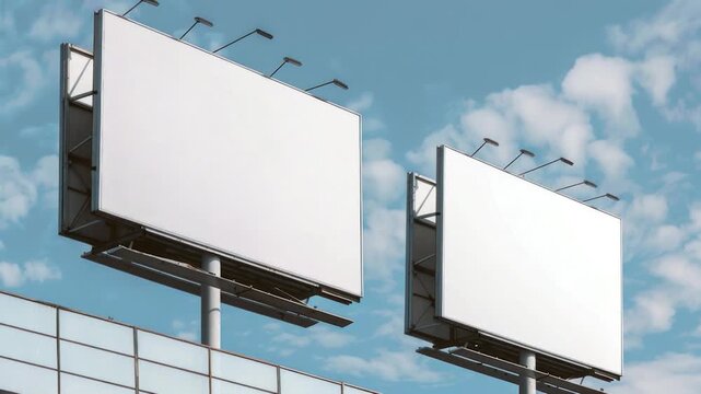 Video Rooftop scene with two billboards sitting on top of a building, providing a unique perspective