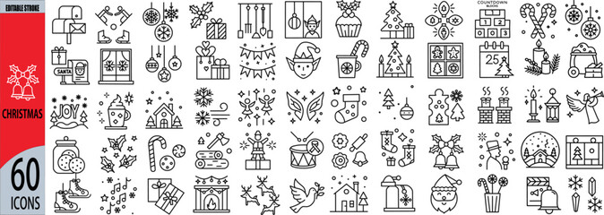 Christmas Celebration Relates Icon Sets, collection of Christmas icons featuring decorations, gifts, and festive symbols, Line Icons, Editable stroke