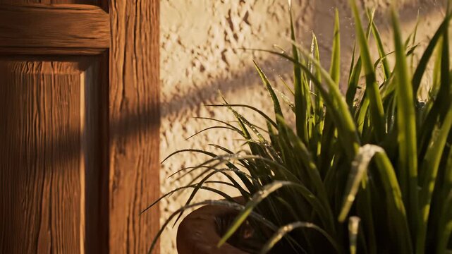 A serene room interior featuring a plant in a pot sitting outside a door, capturing the essence of a peaceful retreat or cozy sanctuary perfect for visualizing ideas related to wellness.