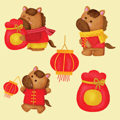 Cute Horse Holding Red Envelope – Chinese New Year Cartoon Animal Illustration