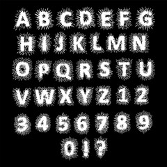 A bold and artistic font set featuring all capital letters A–Z and numbers 0–9, designed with dynamic spiky, burst-like textures radiating from each character.