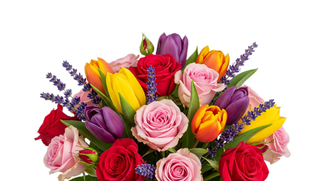 A vibrant bouquet featuring roses tulips and lavender against a stark black background floral arrangement