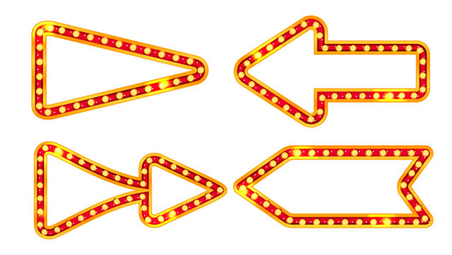 Marquee arrow sign. Retro circus light board. Casino lightbox for party. Neon carnival sale signboard with vintage illuminated pointer. Shiny banner frame in gold and red. Showtime element with lamp.