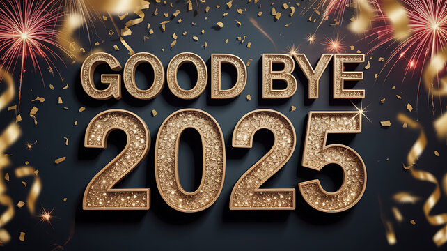 Golden Goodbye 2025 Text with Fireworks and Confetti Background Celebration