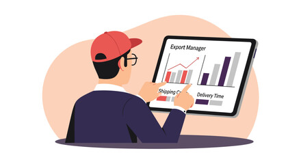 An export manager analyzes shipping and delivery times on a digital tablet, showcasing data-driven insights for optimized international trade strategies and logistics.