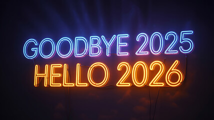 Neon sign illuminating the transition from goodbye 2025 to hello 2026