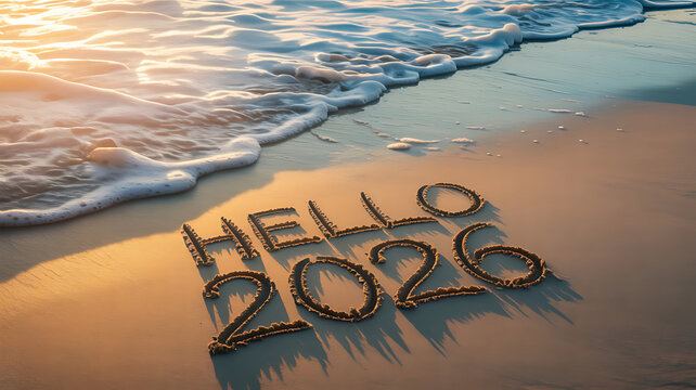 Hello 2026 written on the beach shore with waves coming in
