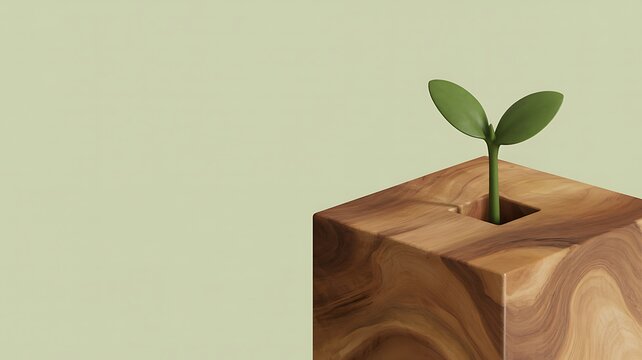 A delicate green sprout gracefully rises from a textured wooden block, embodying the essence of fresh starts, environmental hope, and continuous growth