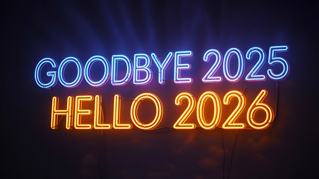 Neon sign illuminating the transition from goodbye 2025 to hello 2026