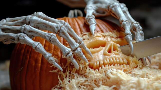 Bone white skeletal hands carving terrifying grimace into classic Halloween jack-o'-lantern pumpkin with sharp knife macro photography dramatic lighting