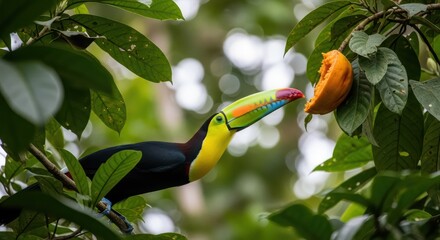 Obraz premium Colorful toucan feeding on tropical fruit in lush greenery