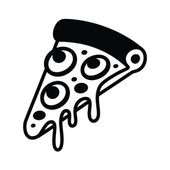 Hand drawn black and white slice of pizza with melting cheese and pepperoni