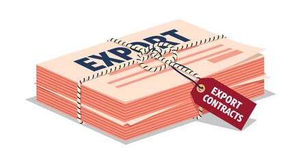 A stack of export contracts tied with rope and a tag, representing international trade and business agreements for global commerce.