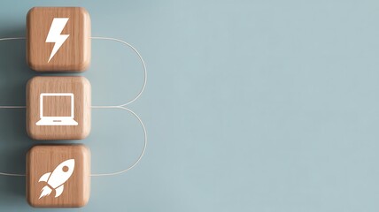 Conceptual representation of business acceleration and technological advancement with power, laptop, and rocket icons symbolizing growth and innovation