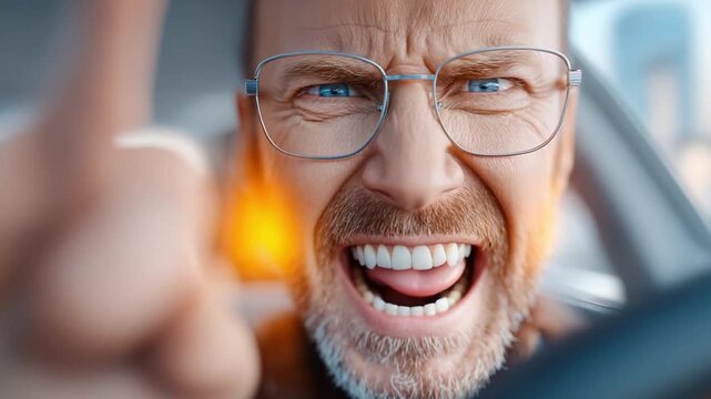 Fuming at the wheel: a close-up of a person in a car showing raw frustration, with an angry expression, capturing the stress and road rage in a moment.
