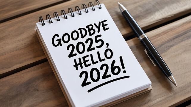 New year greetings saying goodbye 2025 hello 2026 on notepad