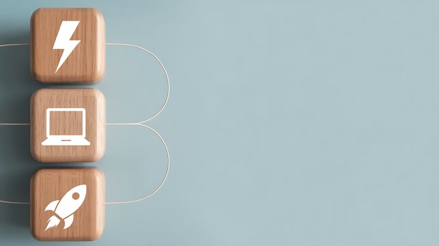 Conceptual representation of business acceleration and technological advancement with power, laptop, and rocket icons symbolizing growth and innovation