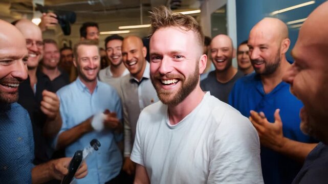 A Celebratory Moment Captured: Elation and Joy at a Milestone Achievement Shared Among Friends and Colleagues in a Vibrant Office Environment