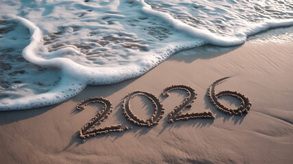 Writing 2026 on the beach sand with ocean wave background