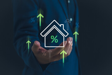 Rising mortgage rate concept with business hand holding house icon and percentage growth arrows. Ideal for real estate, finance, investment, and housing market trends illustration.