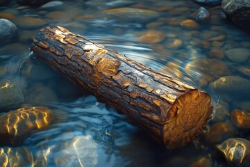 A rustic log drifts gently in a clear, shallow river, surrounded by smooth stones and sparkling water ripples.
