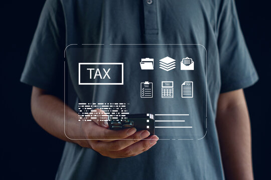 Online tax payment and digital finance concept with man using smartphone and virtual tax icons. Ideal for accounting, e-filing, finance technology, and electronic tax management illustrations.
