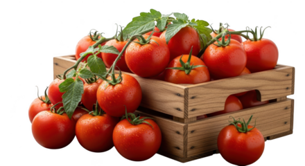 Ripe red tomatoes abundantly harvested and displayed in a rustic wooden crate fresh produce illustration