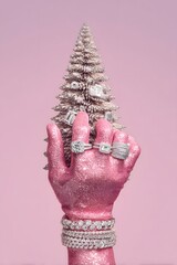 Christmas tree with female hand and glove with luxury jewelry on pink background.