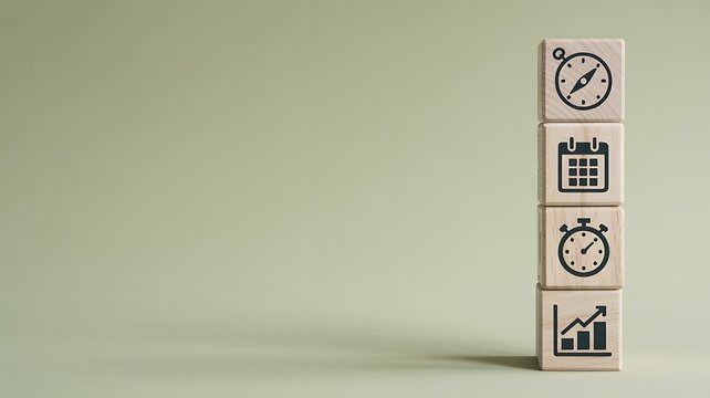 Time management concept with compass, calendar, clock, and graph icons on wooden blocks, business deadlines